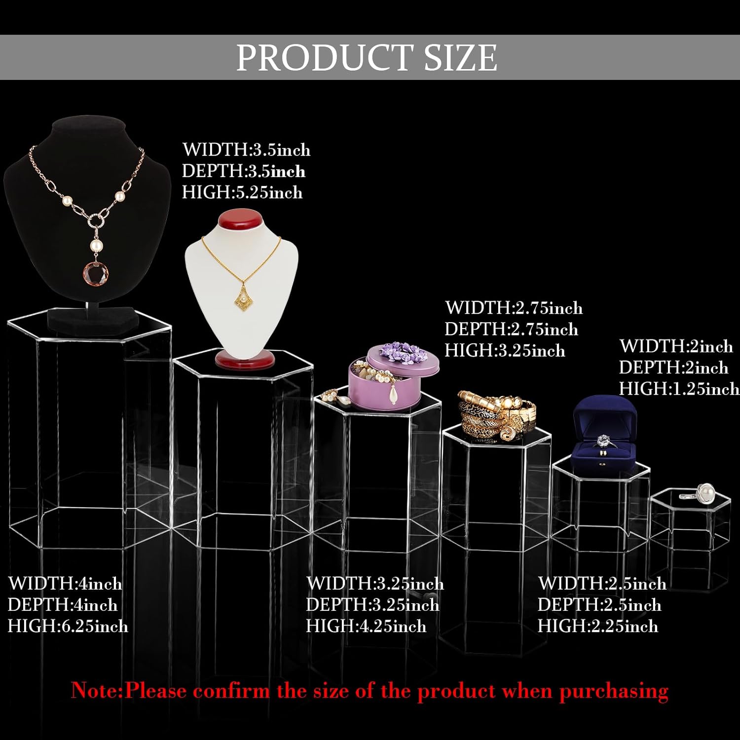 Clear 24pc Jetec Hexagonal Jewelry Display Risers Hexagonal Market Display Risers Stands Acrylic Showcase Acrylic Stand for Jewelry Model Figures Decoration, 6 Sizes(Clear,24 Pieces)
